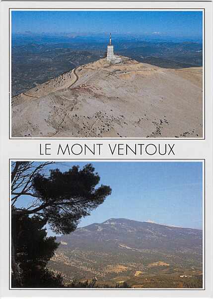 Prentkaart: 2 maal Top
Prentkaart met 2 foto's van de Mont Ventoux : een luchtfoto van de top langs zuidelijke zijde en een panoramische foto vanaf een van de omliggende heuvels.
