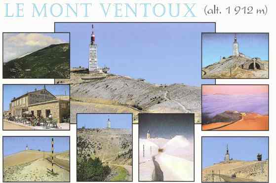 Prentkaart: mozaïek top
Prentkaart met allerlei impressies van de top van de Mont Ventoux.
