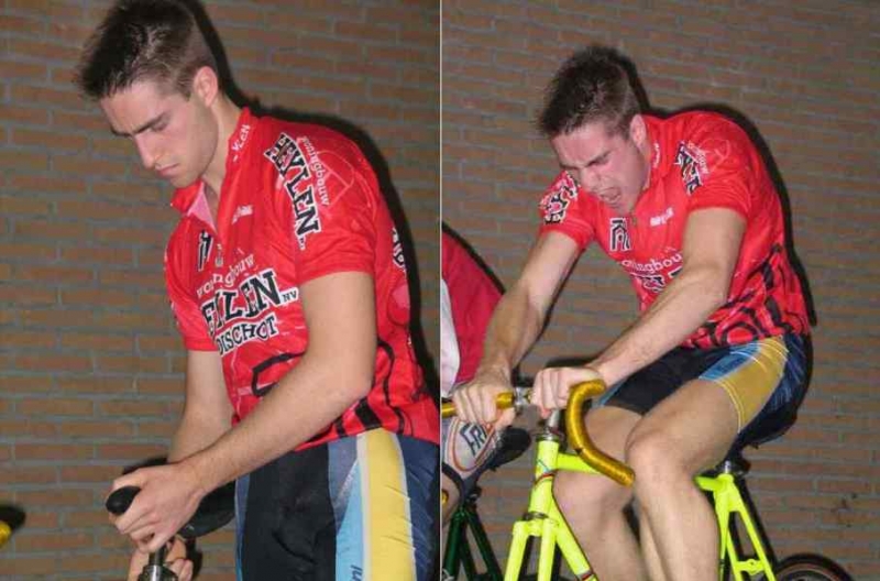Rit 3.4.3.
Kris Horemans (Bouwonderneming Heylen) stelt rustig het fietszadel in de juiste positie en zet dan alle remmen los !
